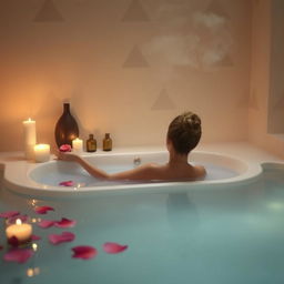 A peaceful immersion into a tranquil environment, featuring a person soaking in a warm bath