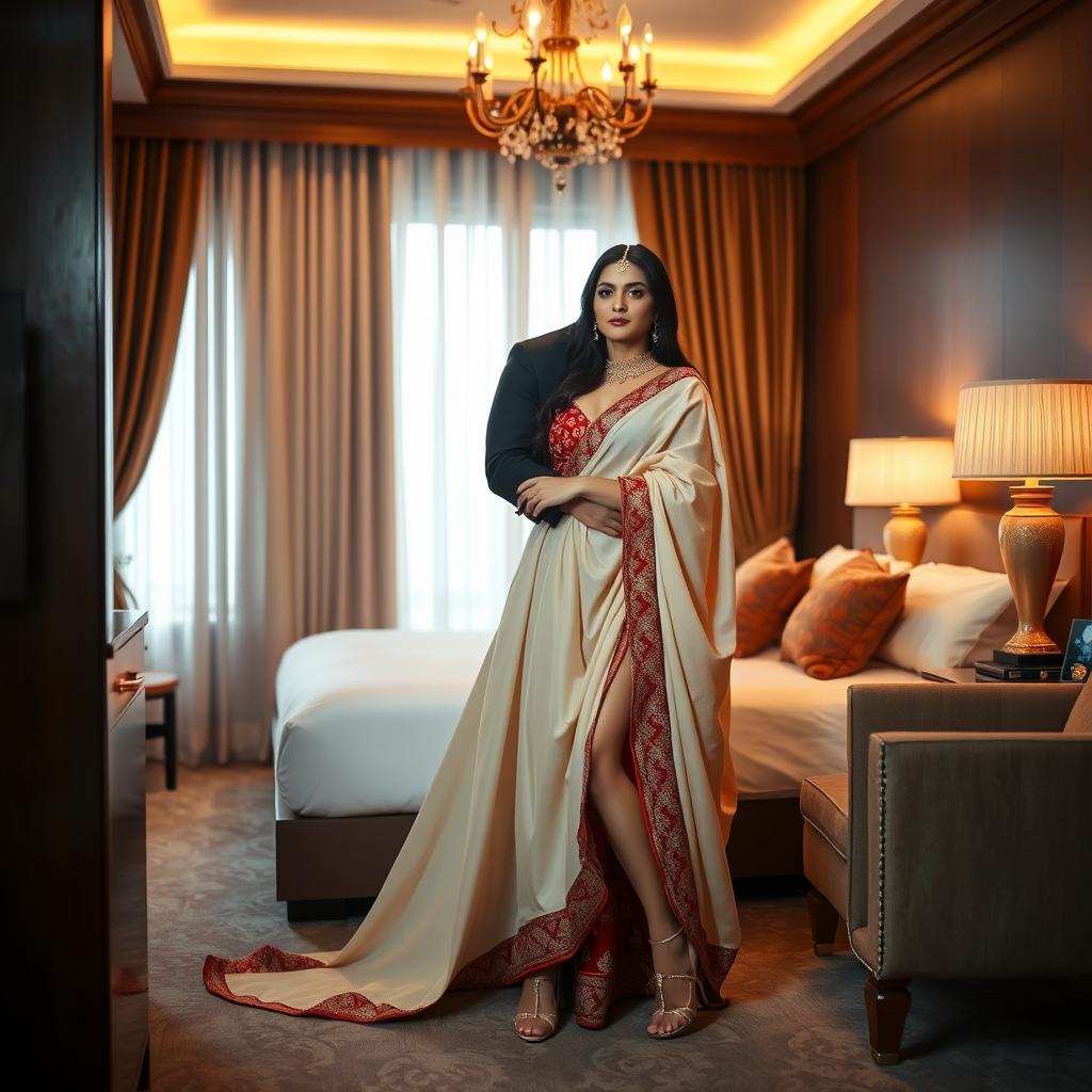 A romantic and intimate scene featuring a glamorous model in elegant traditional attire, including a muga, cream, and red colored chadar with a red mekhela blouse and high heels