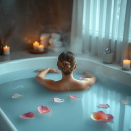 A peaceful immersion into a tranquil environment, featuring a person soaking in a warm bath