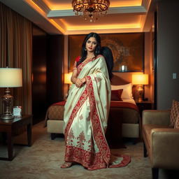 A romantic and intimate scene featuring a glamorous model in elegant traditional attire, including a muga, cream, and red colored chadar with a red mekhela blouse and high heels