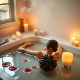 A peaceful immersion into a tranquil environment, featuring a person soaking in a warm bath