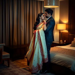 A romantic and intimate scene featuring a glamorous model in elegant traditional attire, including a muga, cream, and red colored chadar with a red mekhela blouse and high heels