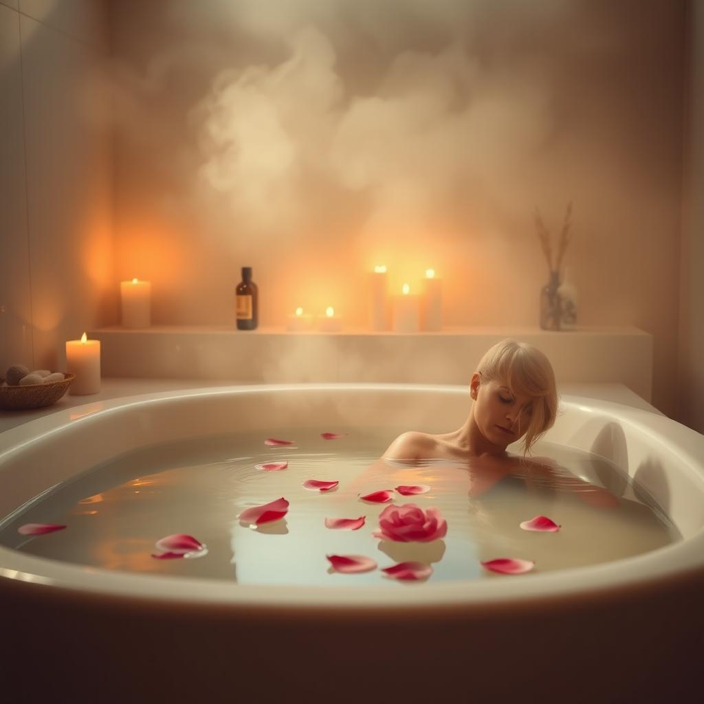 A peaceful immersion into a tranquil environment, featuring a person soaking in a warm bath