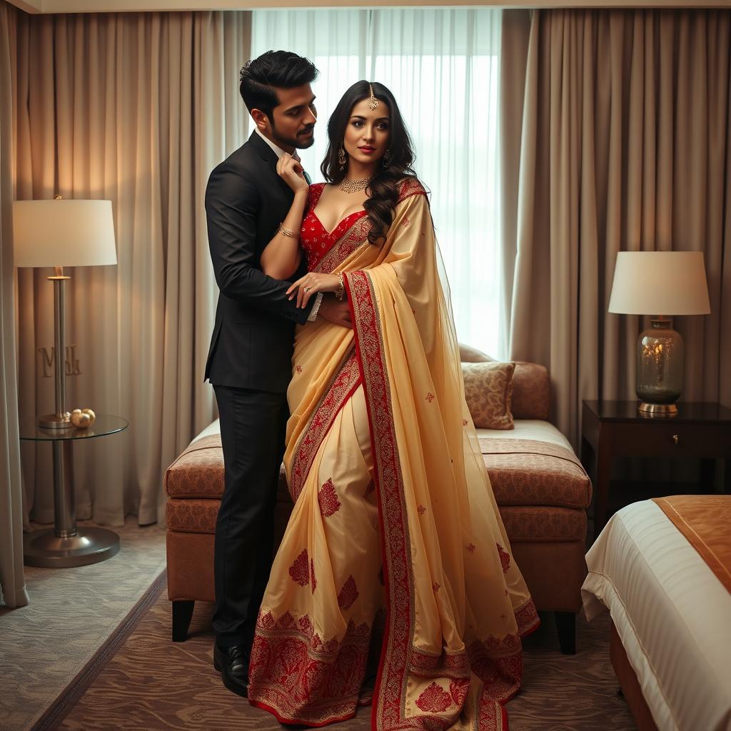 A romantic and intimate scene featuring a glamorous model in elegant traditional attire, including a muga, cream, and red colored chadar with a red mekhela blouse and high heels