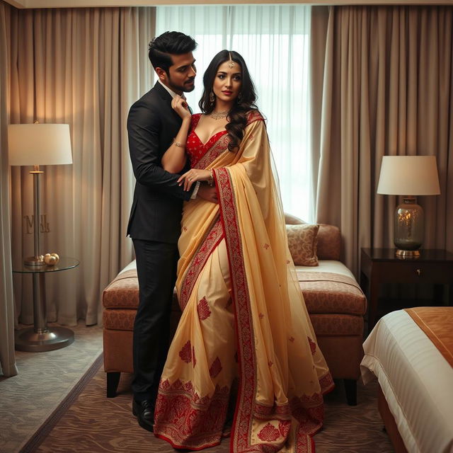 A romantic and intimate scene featuring a glamorous model in elegant traditional attire, including a muga, cream, and red colored chadar with a red mekhela blouse and high heels