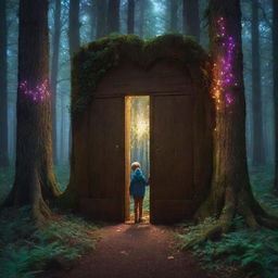 Ethan discovering a magical door in the heart of a luminescent forest. The door is radiating enchantment amidst glowing, multicolored lights.