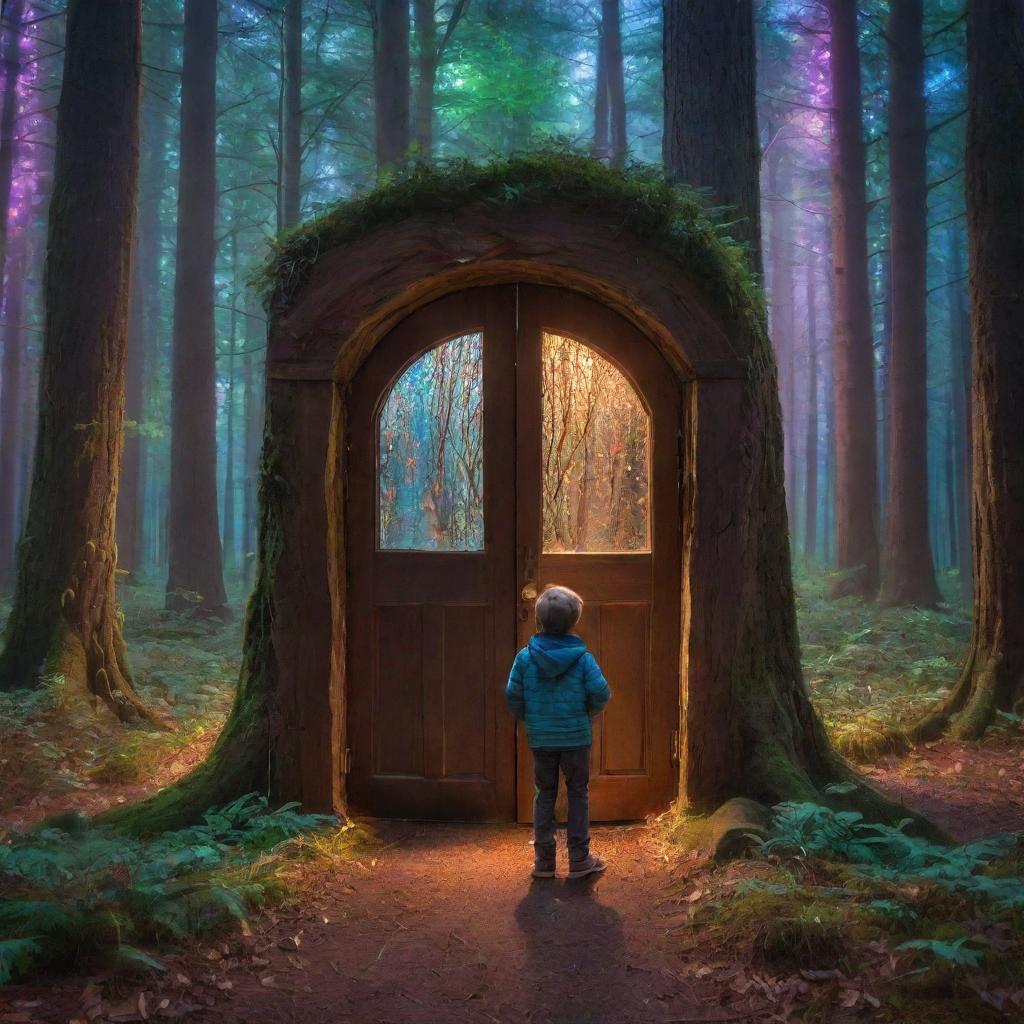 Ethan discovering a magical door in the heart of a luminescent forest. The door is radiating enchantment amidst glowing, multicolored lights.