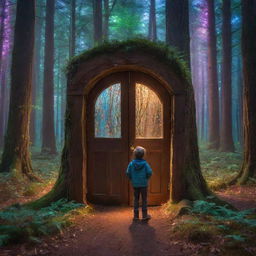 Ethan discovering a magical door in the heart of a luminescent forest. The door is radiating enchantment amidst glowing, multicolored lights.