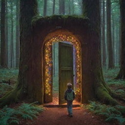 Ethan discovering a magical door in the heart of a luminescent forest. The door is radiating enchantment amidst glowing, multicolored lights.