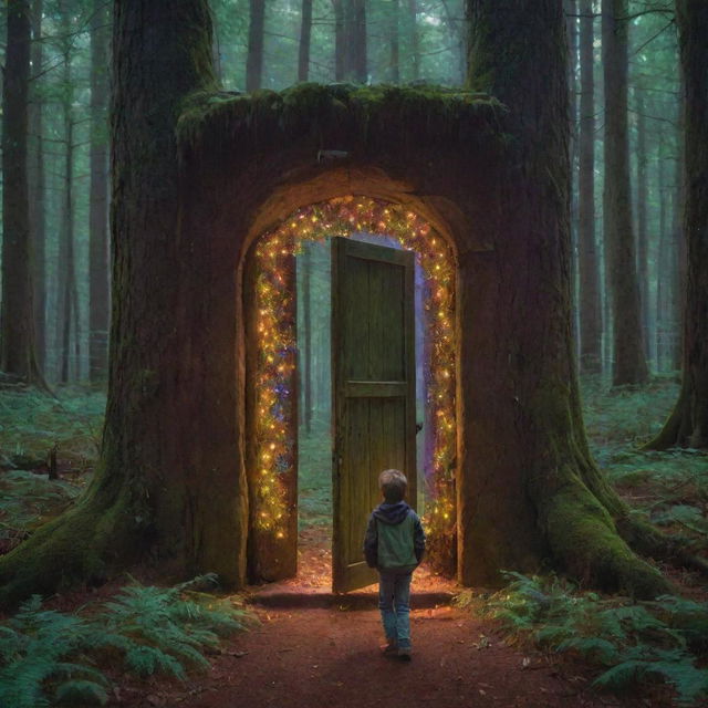 Ethan discovering a magical door in the heart of a luminescent forest. The door is radiating enchantment amidst glowing, multicolored lights.