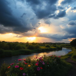 A serene landscape where dark storm clouds are gradually transforming into soft, light clouds, symbolizing the dissolution of negative energy