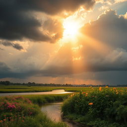 A serene landscape where dark storm clouds are gradually transforming into soft, light clouds, symbolizing the dissolution of negative energy