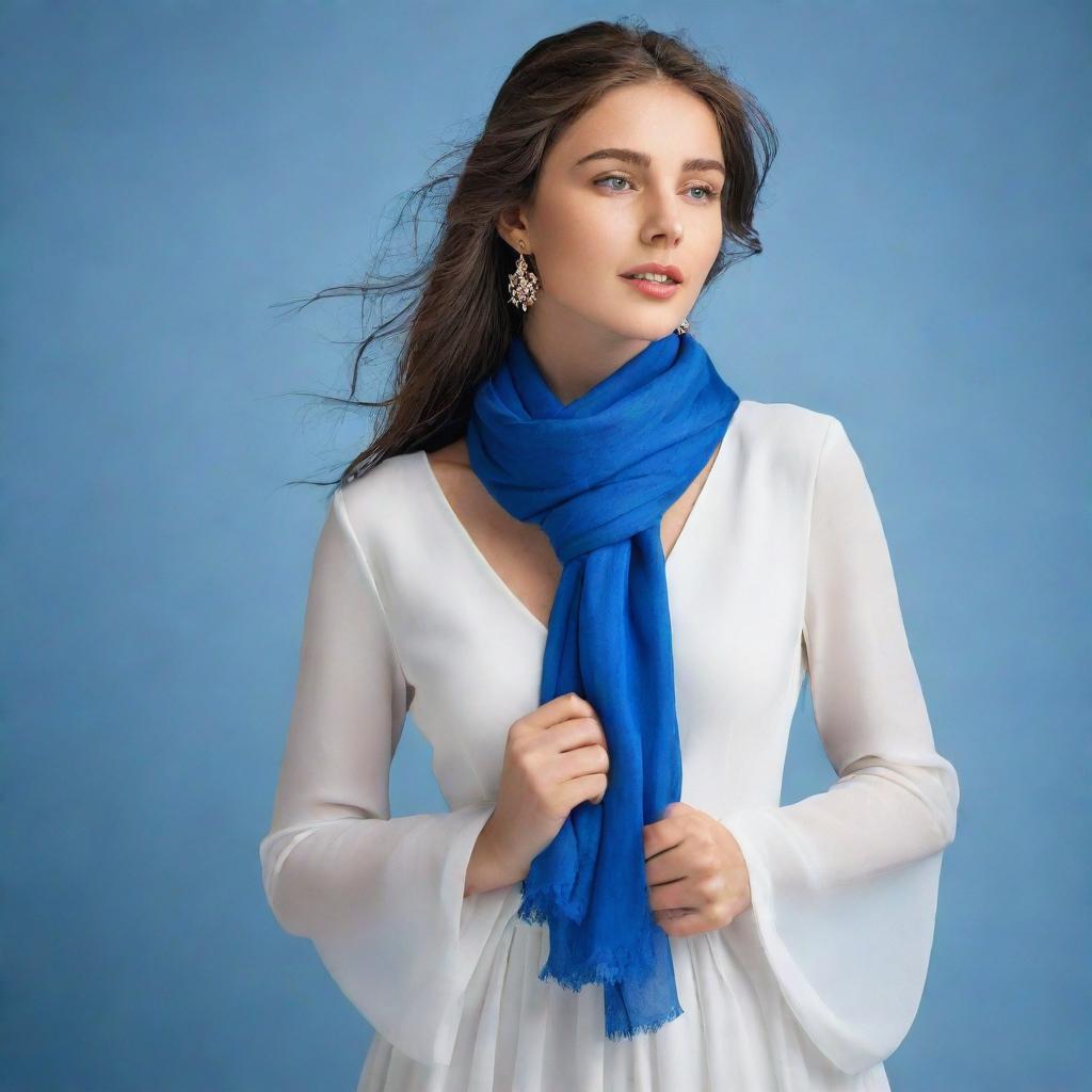 An elegant girl dressed in a flowing white dress, adorned with a vibrant blue scarf around her neck.