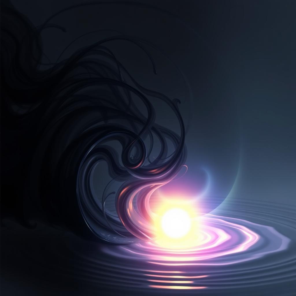 An abstract representation of negative energy dissolving, where swirling dark tendrils are slowly absorbed by a luminous, glowing orb of light