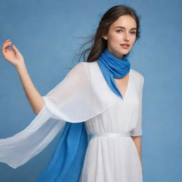 An elegant girl dressed in a flowing white dress, adorned with a vibrant blue scarf around her neck.