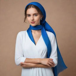 An elegant girl dressed in a flowing white dress, adorned with a vibrant blue scarf around her neck.