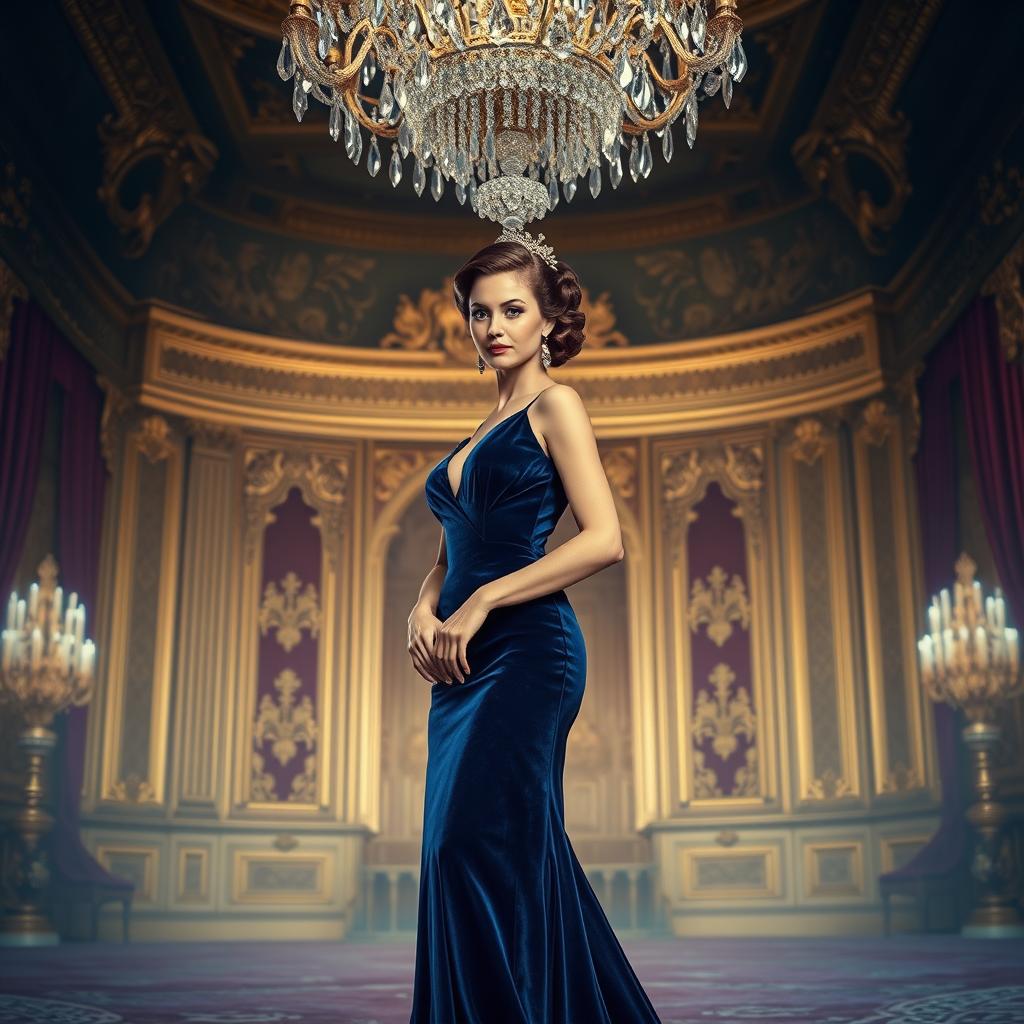 Enchanting scene with a sophisticated woman known as Lady Dee, wearing an elegant long dress made of deep blue velvet