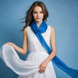 An elegant girl dressed in a flowing white dress, adorned with a vibrant blue scarf around her neck.