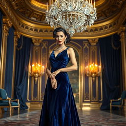 Enchanting scene with a sophisticated woman known as Lady Dee, wearing an elegant long dress made of deep blue velvet