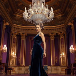 Enchanting scene with a sophisticated woman known as Lady Dee, wearing an elegant long dress made of deep blue velvet