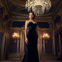 Enchanting scene with a sophisticated woman known as Lady Dee, wearing an elegant long dress made of deep blue velvet