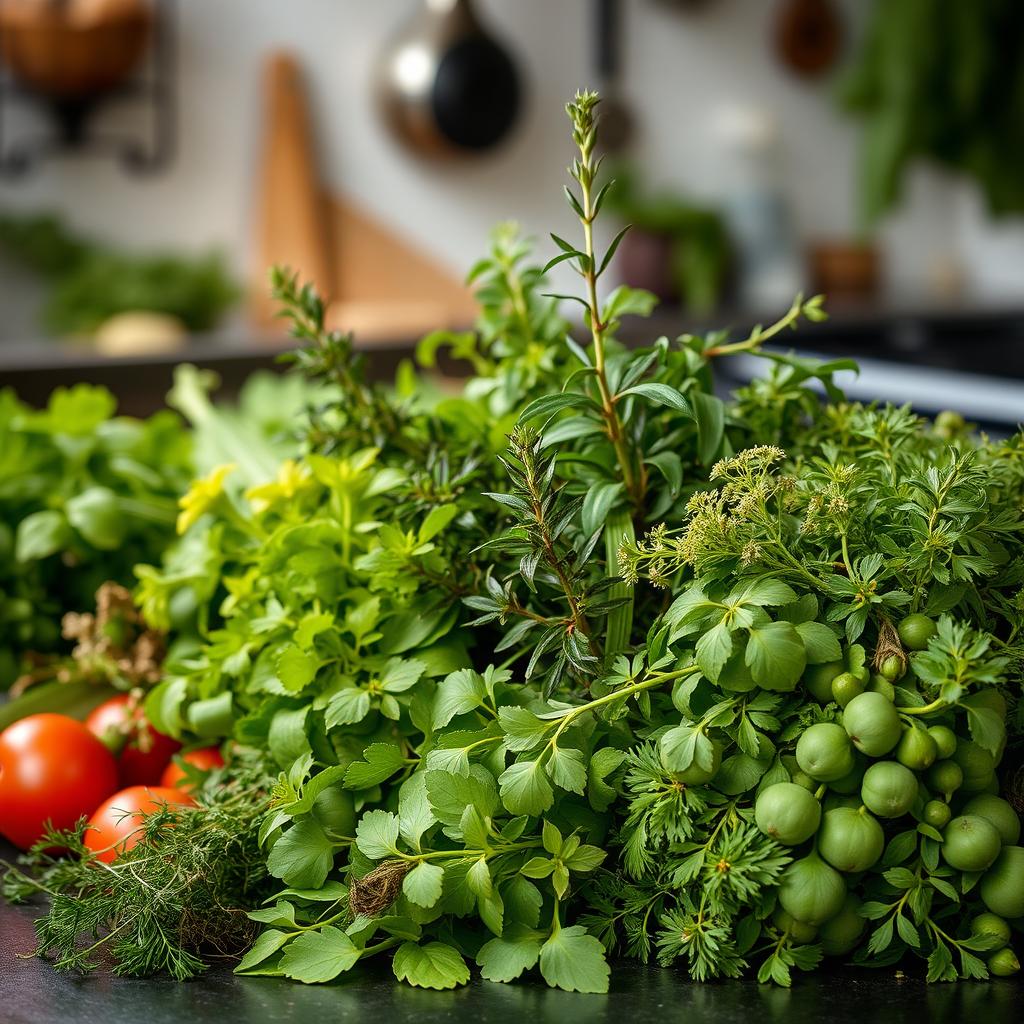 Visit our channel to see the preparation of herbs, featuring an array of fresh, aromatic herbs beautifully arranged in a kitchen setting