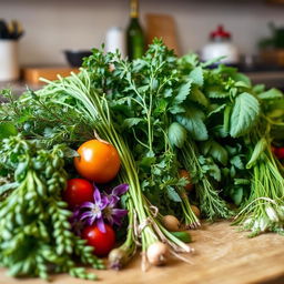 Visit our channel to see the preparation of herbs, featuring an array of fresh, aromatic herbs beautifully arranged in a kitchen setting