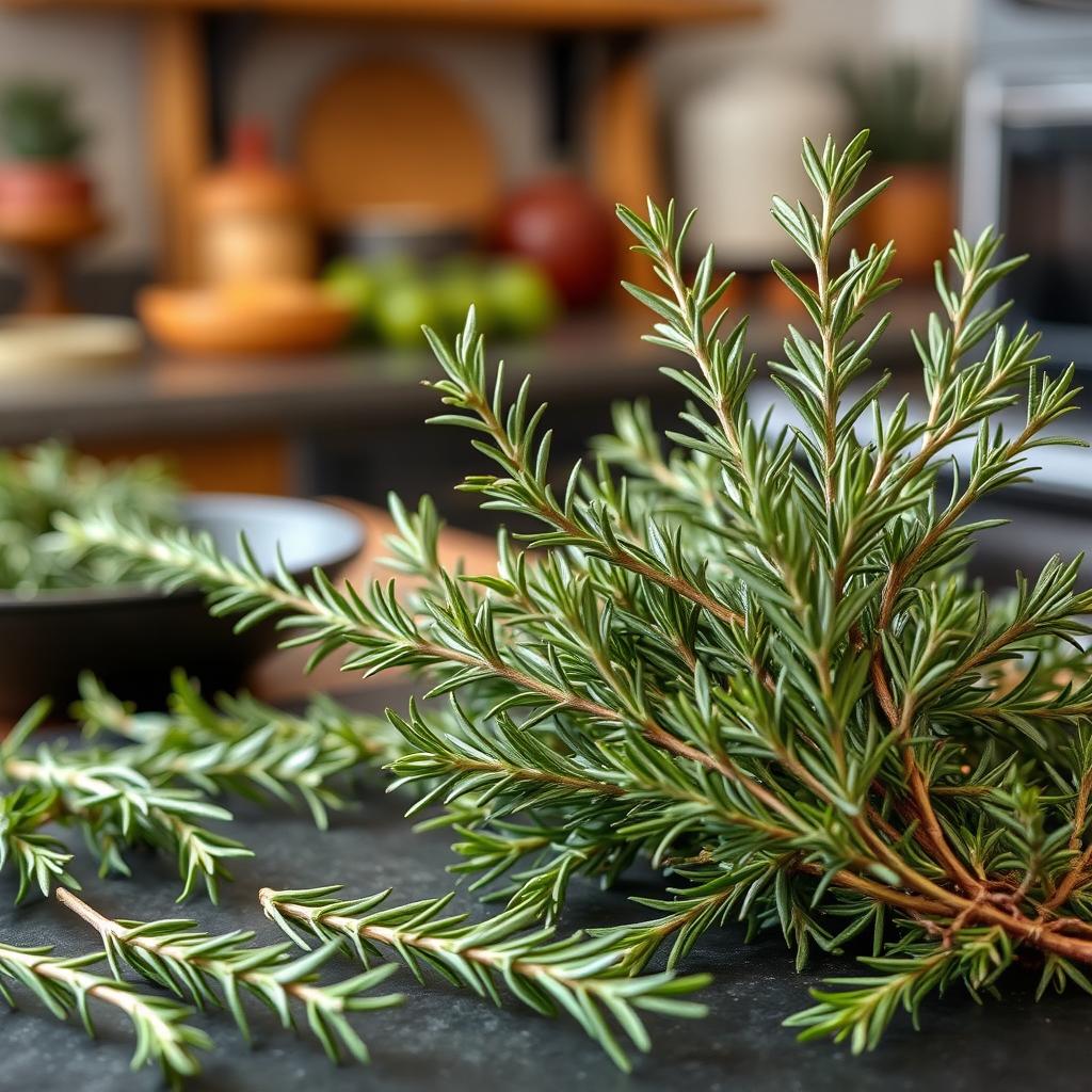 Visit our channel to see the preparation of rosemary, showcasing fresh rosemary sprigs in a beautifully organized kitchen setting