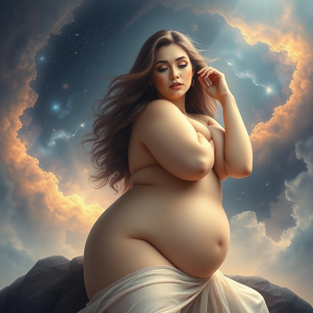 A beautiful, ethereal woman with a thick, voluptuous figure, gracefully posed amidst a dreamy, celestial landscape