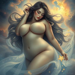 A beautiful, ethereal woman with a thick, voluptuous figure, gracefully posed amidst a dreamy, celestial landscape