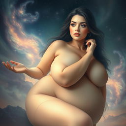 A beautiful, ethereal woman with a thick, voluptuous figure, gracefully posed amidst a dreamy, celestial landscape