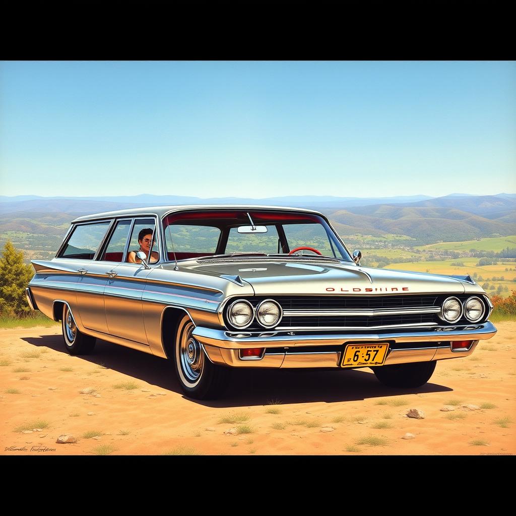 A detailed and vibrant depiction of a 1962 Oldsmobile Jetfire Station Wagon