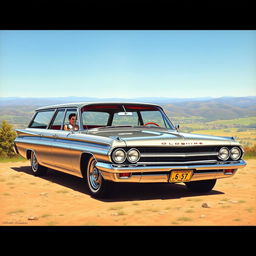 A detailed and vibrant depiction of a 1962 Oldsmobile Jetfire Station Wagon