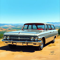 A detailed and vibrant depiction of a 1962 Oldsmobile Jetfire Station Wagon