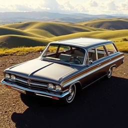 A detailed and vibrant visual of a 1962 Oldsmobile Cutlass Compact Station Wagon featuring a vista roof