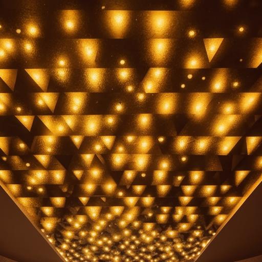 An exquisite false ceiling designed with geometric triangle patterns, each triangle illuminated by a bright cob light, casting a warm ambiance.