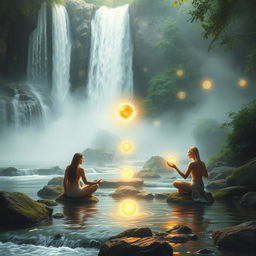 A serene and mystical scene depicting water and energy rituals, with flowing water, glowing light orbs, and ethereal mist