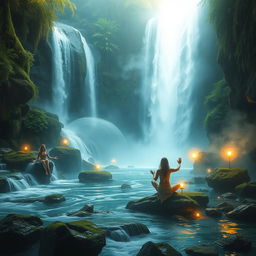 A serene and mystical scene depicting water and energy rituals, with flowing water, glowing light orbs, and ethereal mist