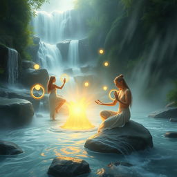 A serene and mystical scene depicting water and energy rituals, with flowing water, glowing light orbs, and ethereal mist