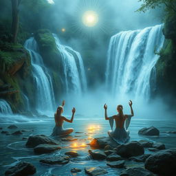 A serene and mystical scene depicting water and energy rituals, with flowing water, glowing light orbs, and ethereal mist