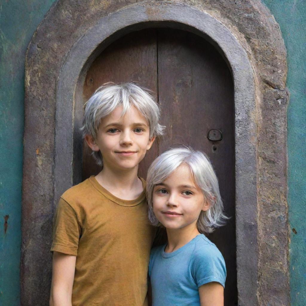 Ethan, a cartoon 12-year-old boy, meets Elara, a fairy of the same age with shiny silver hair. They are standing together in front of a mystical, magical door.