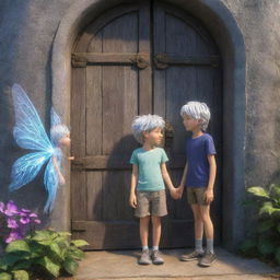 Ethan, a cartoon 12-year-old boy, meets Elara, a fairy of the same age with shiny silver hair. They are standing together in front of a mystical, magical door.