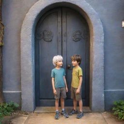 Ethan, a cartoon 12-year-old boy, meets Elara, a fairy of the same age with shiny silver hair. They are standing together in front of a mystical, magical door.