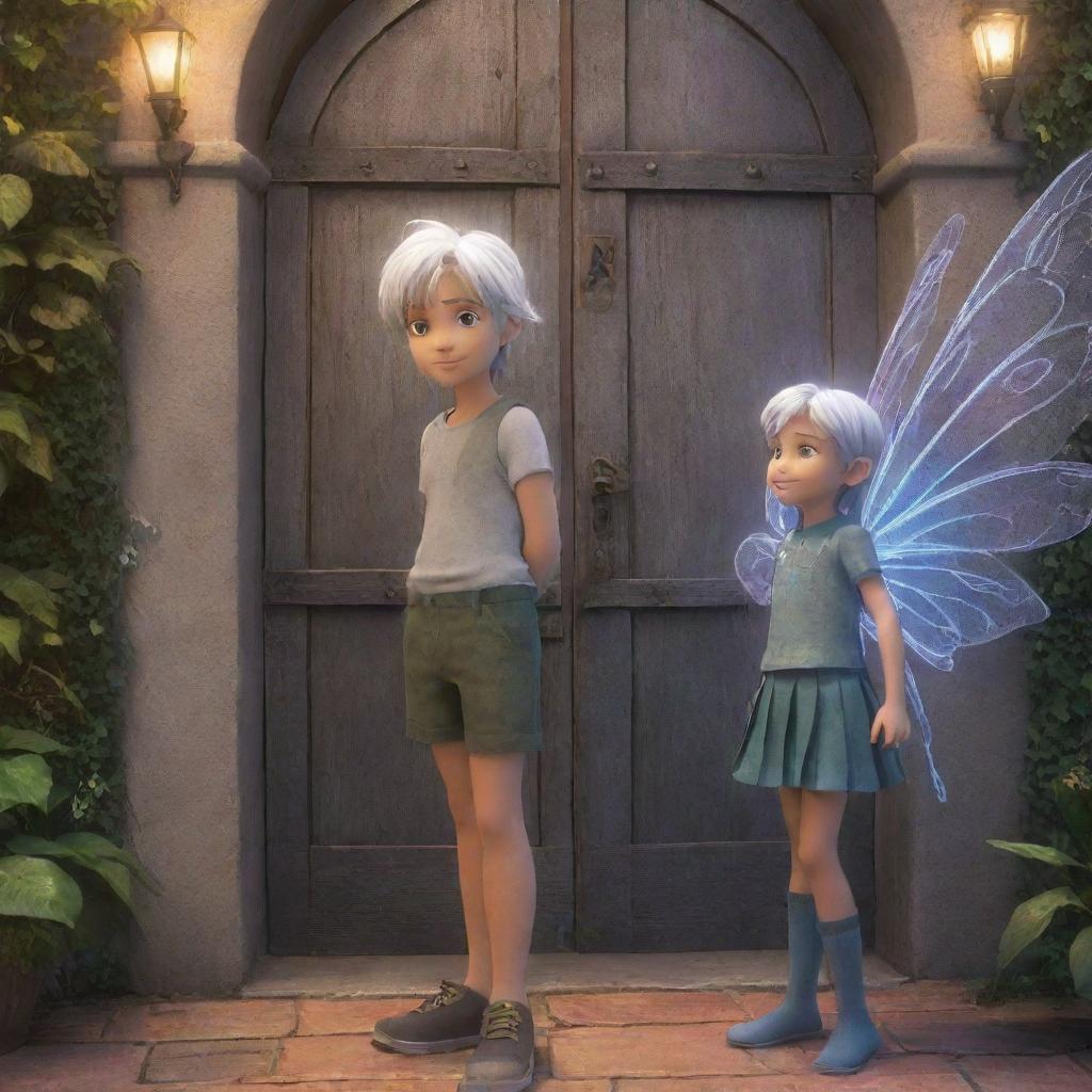 Ethan, a cartoon 12-year-old boy, meets Elara, a fairy of the same age with shiny silver hair. They are standing together in front of a mystical, magical door.