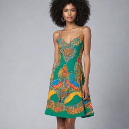 A vibrant flare dress inspired by the colors and motifs of Guyana, showcasing a short, playful length