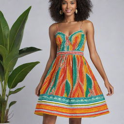 A vibrant flare dress inspired by the colors and motifs of Guyana, showcasing a short, playful length