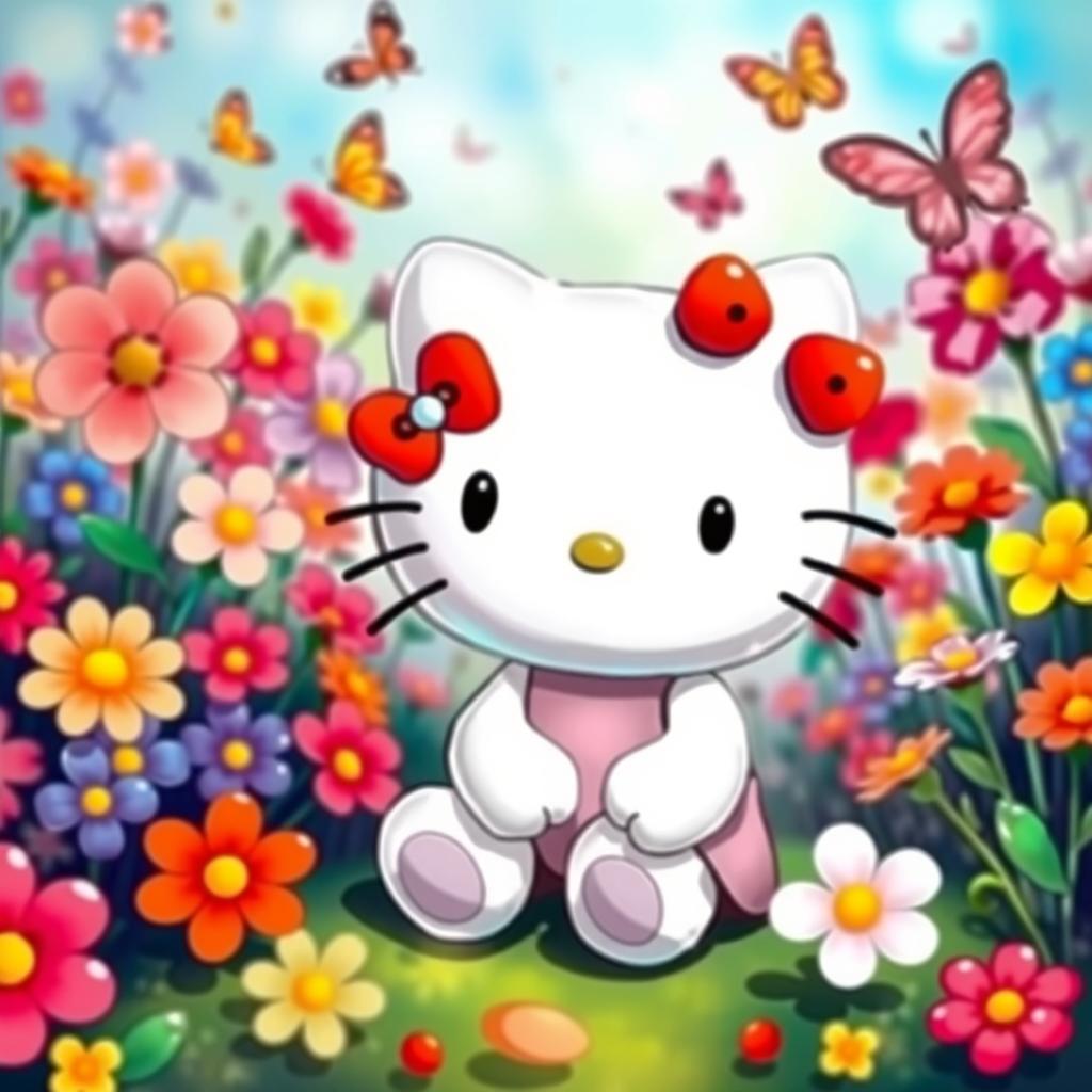 Hello Kitty, the iconic white Japanese bobtail cat character, sitting cheerfully in a colorful garden filled with vibrant flowers and butterflies