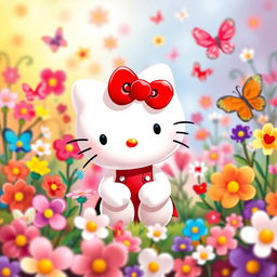 Hello Kitty, the iconic white Japanese bobtail cat character, sitting cheerfully in a colorful garden filled with vibrant flowers and butterflies