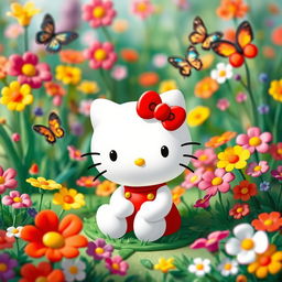 Hello Kitty, the iconic white Japanese bobtail cat character, sitting cheerfully in a colorful garden filled with vibrant flowers and butterflies
