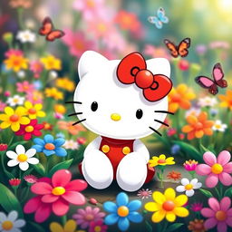 Hello Kitty, the iconic white Japanese bobtail cat character, sitting cheerfully in a colorful garden filled with vibrant flowers and butterflies